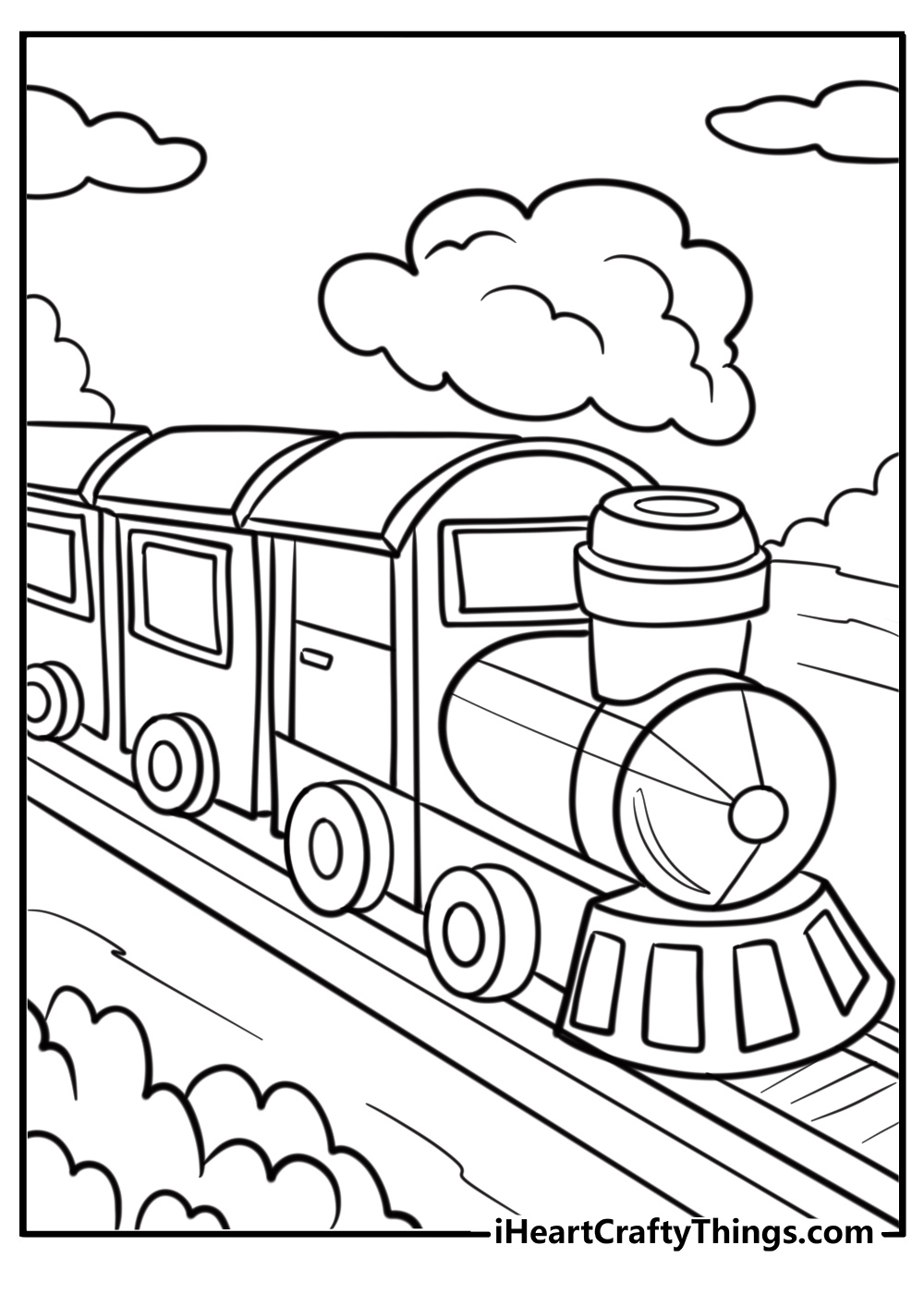 Old steam locomotive with billowing smoke free coloring page