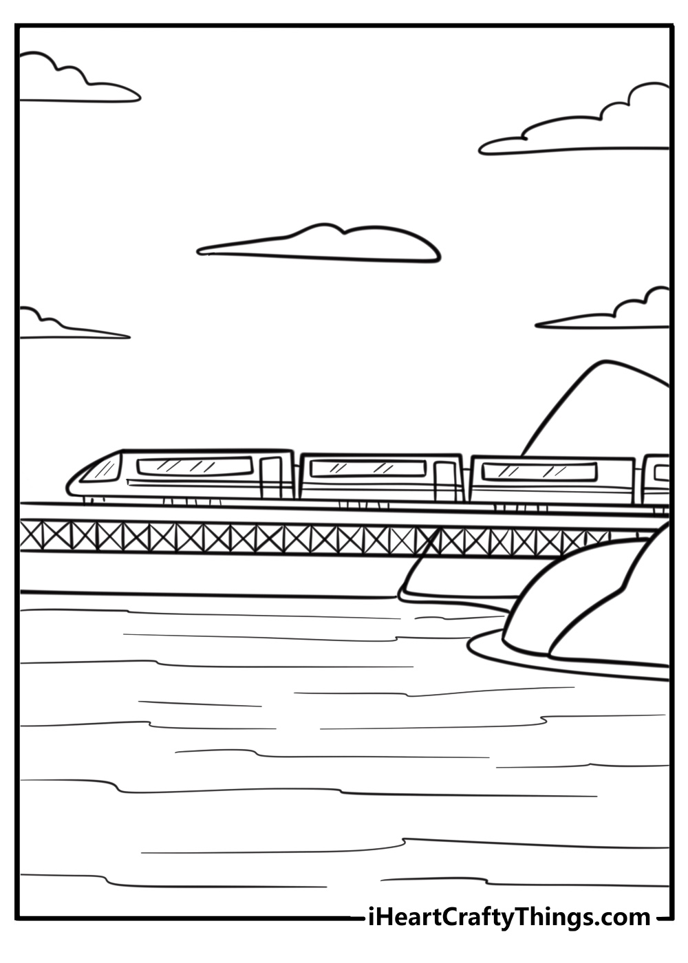 Passenger train crossing a bridge coloring page