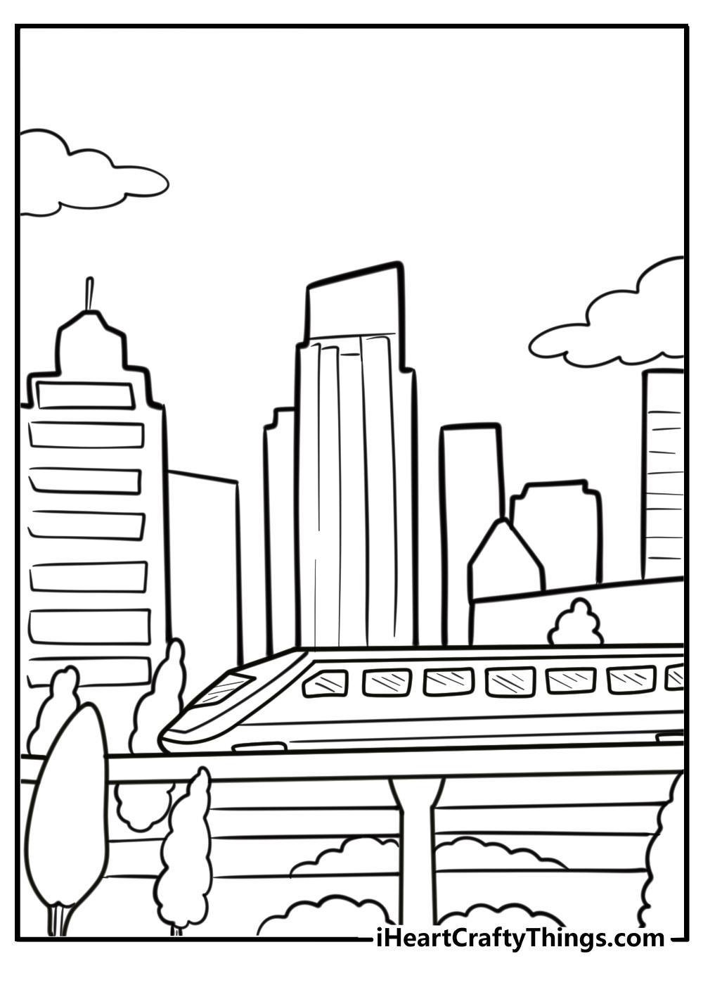 Passenger train in a city setting printable coloring page