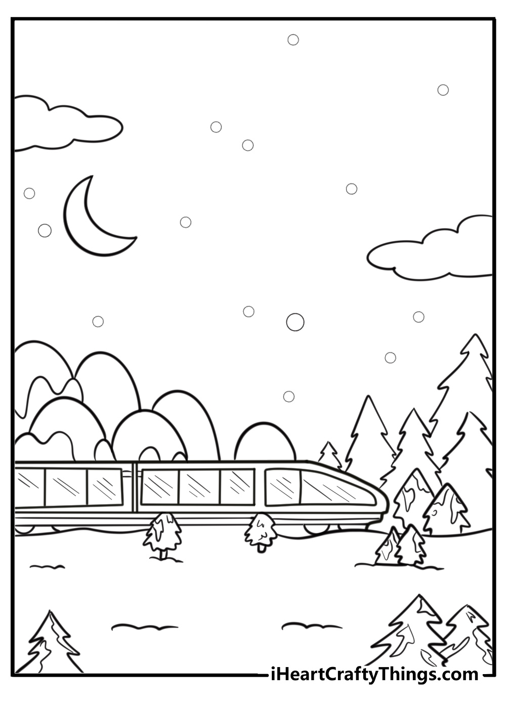 Passenger train on a snowy landscape coloring page