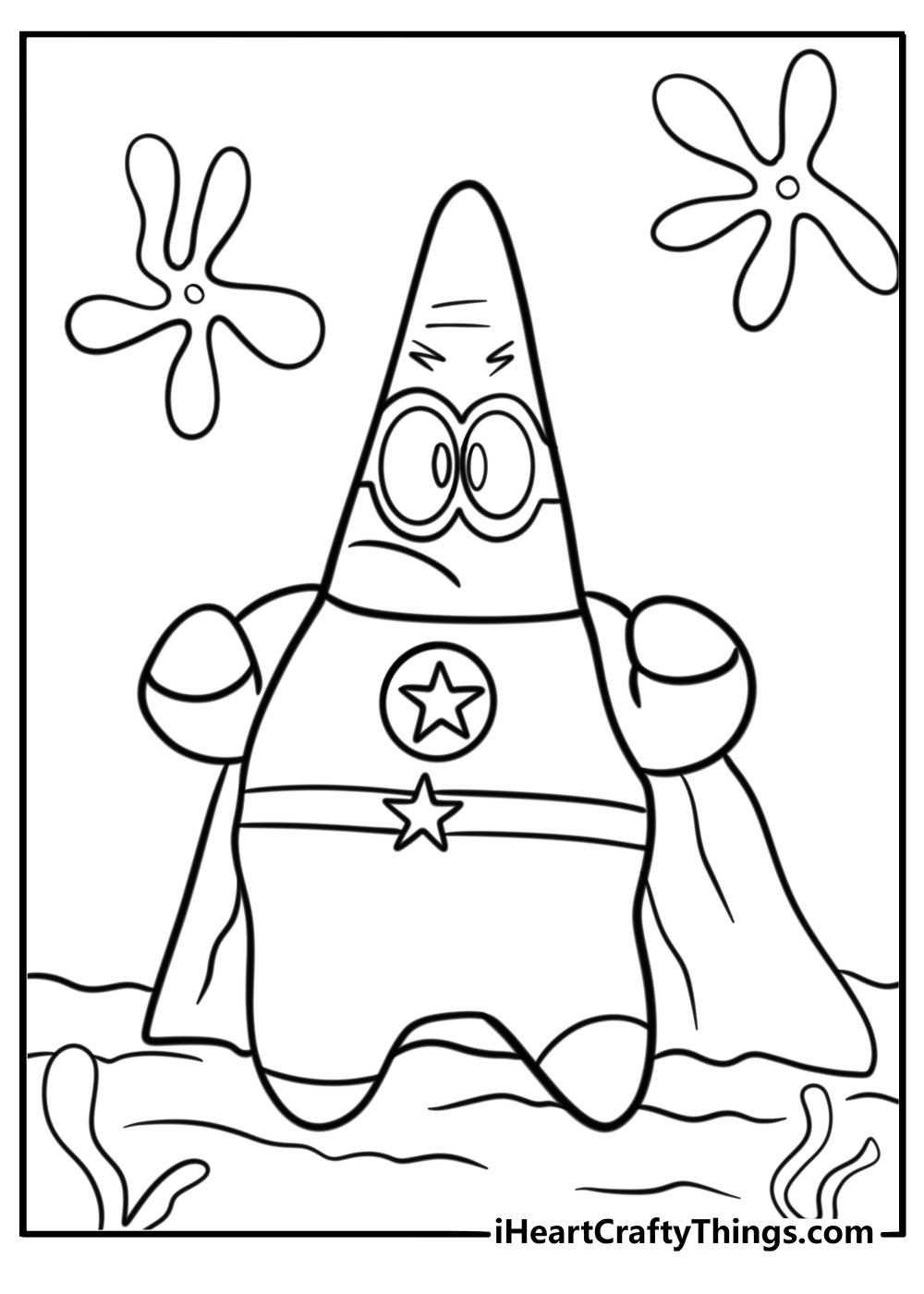 Patrick Star dressed as a superhero detailed coloring sheet