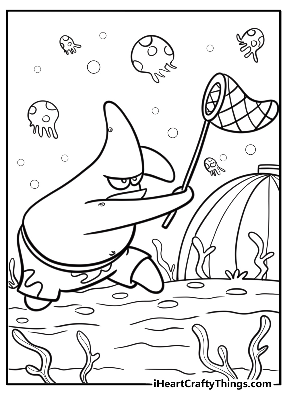 Patrick star holding a jellyfish net detailed coloring sheet