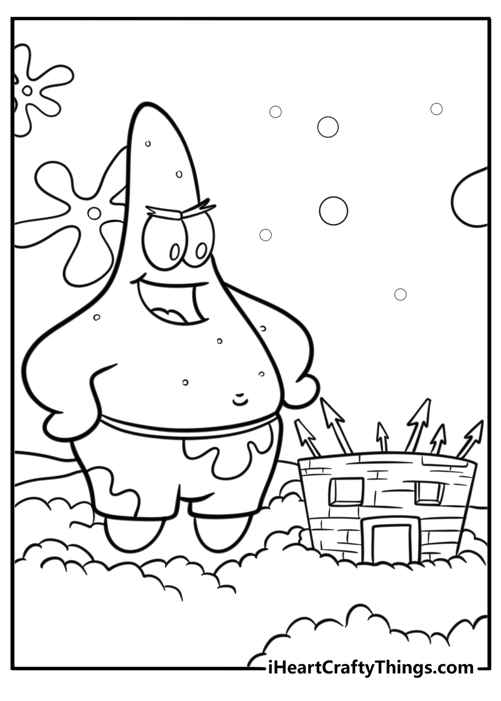 Patrick Star playing in the sand coloring page for kids