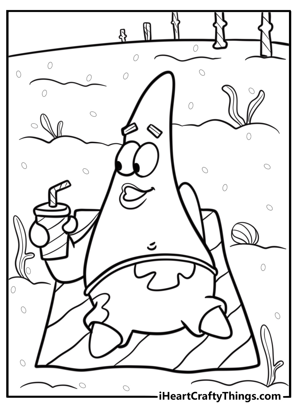 Patrick Star relaxing on the beach fun printable coloring sheet