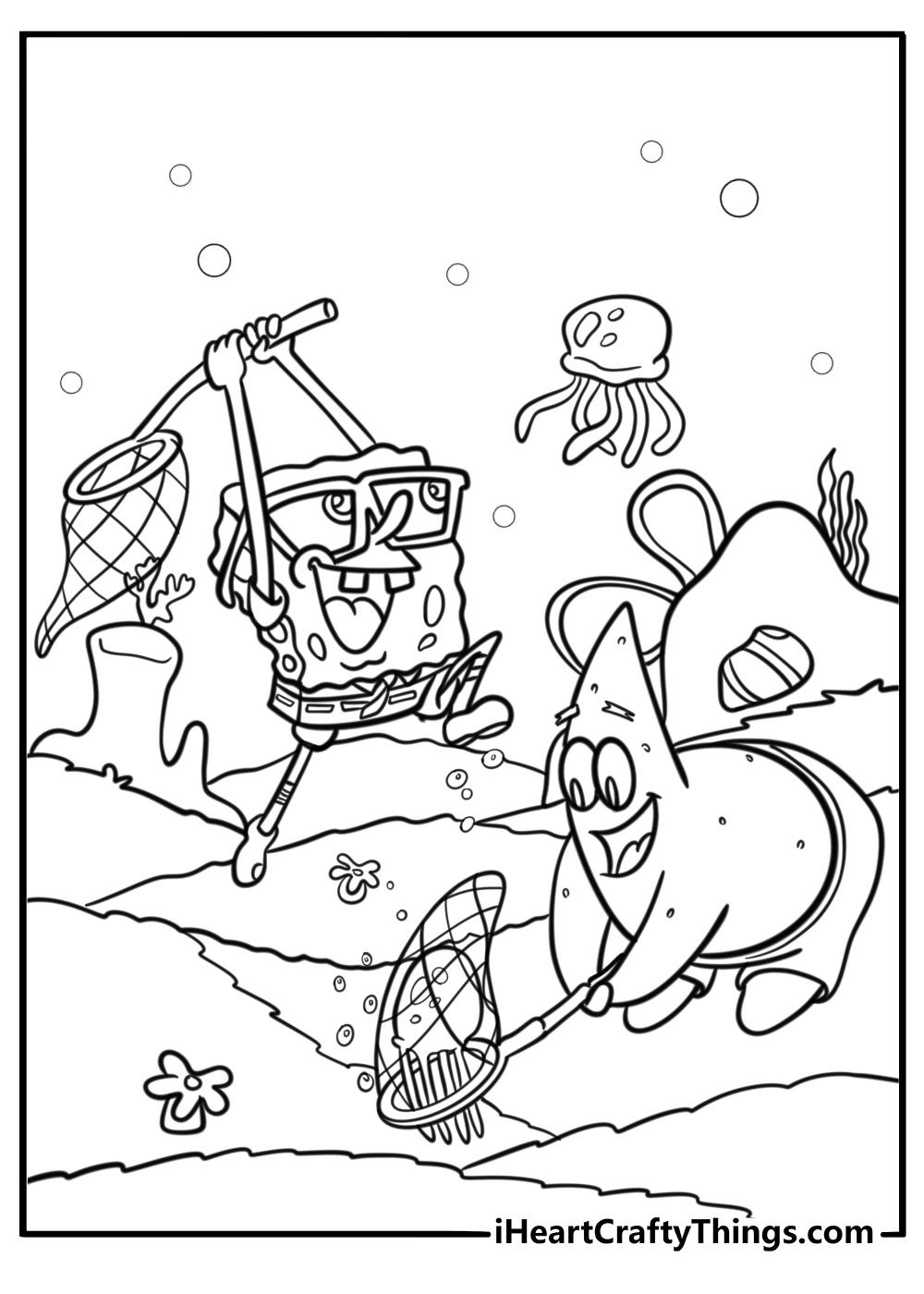 Patrick star with sponge bob going jellyfishing coloring sheet