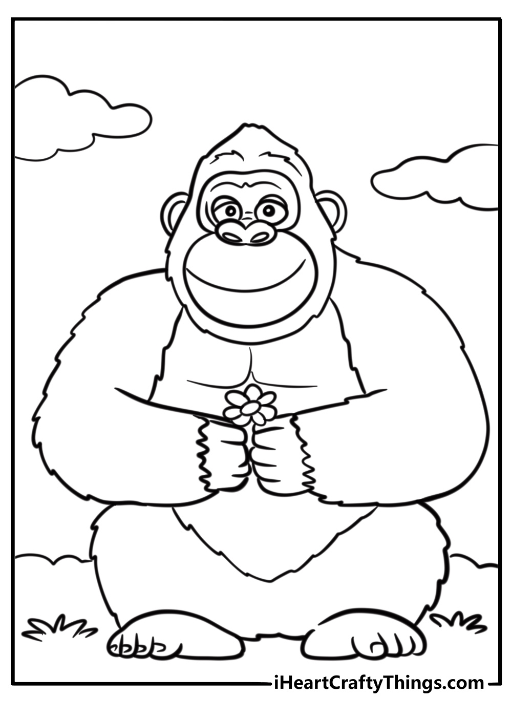 Playful gorilla holding a flower printable coloring page