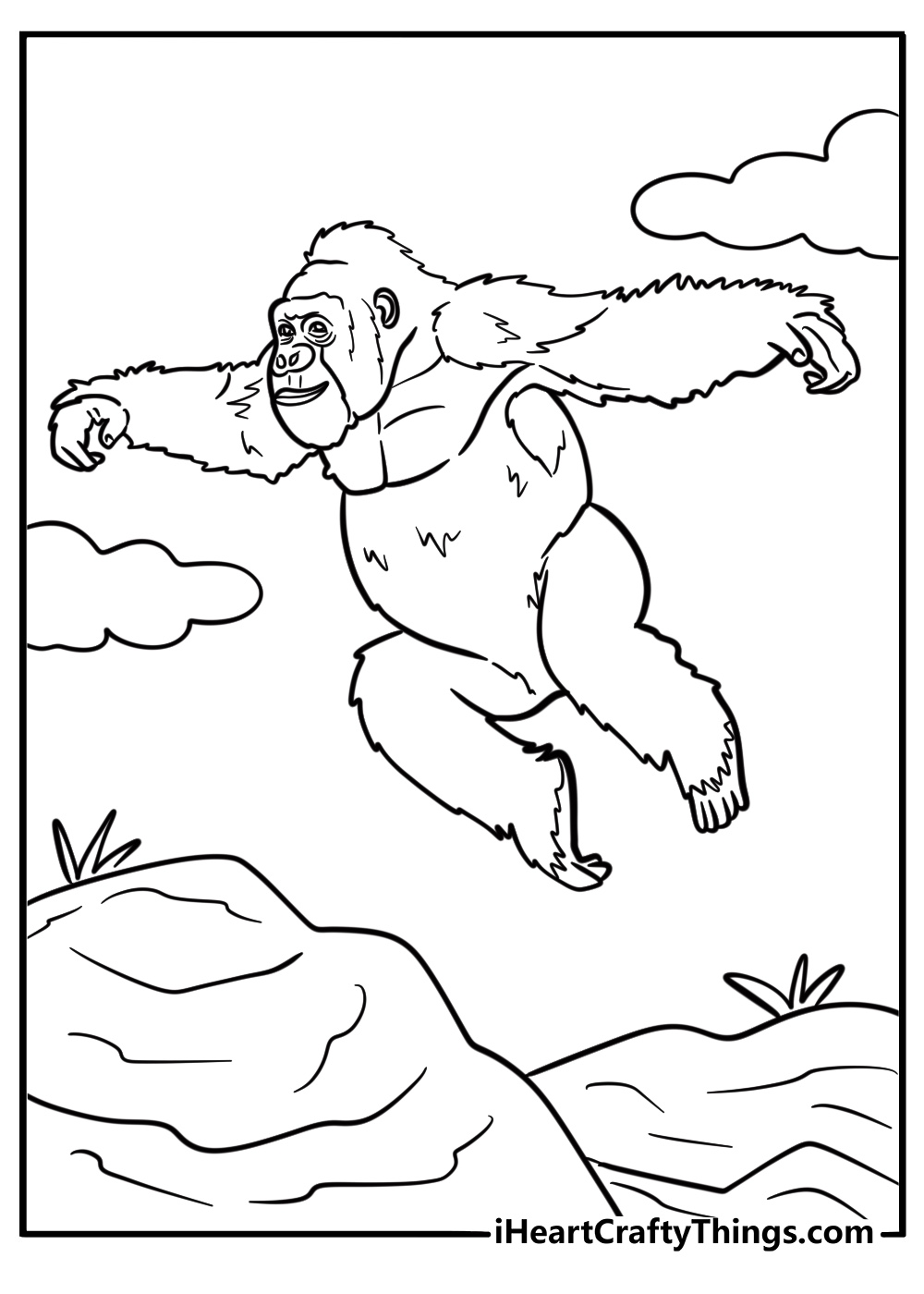 Playful gorilla jumping on a rock fun coloring sheet