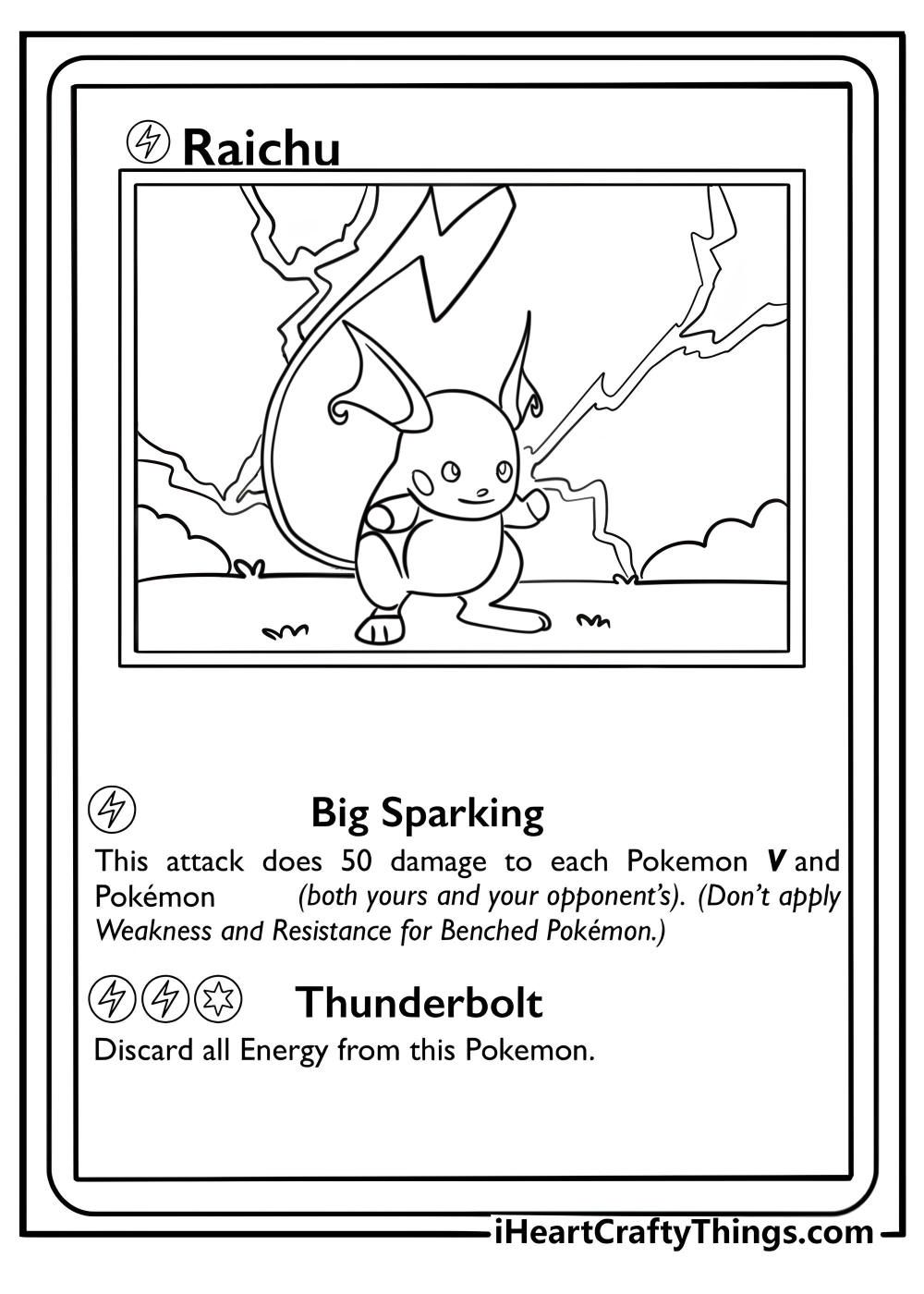 Raichu pokemon card with an electric attack printable coloring sheet