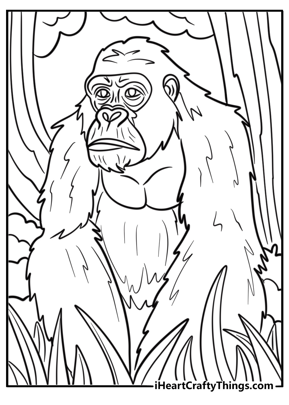 Realistic gorilla in the jungle detailed coloring page