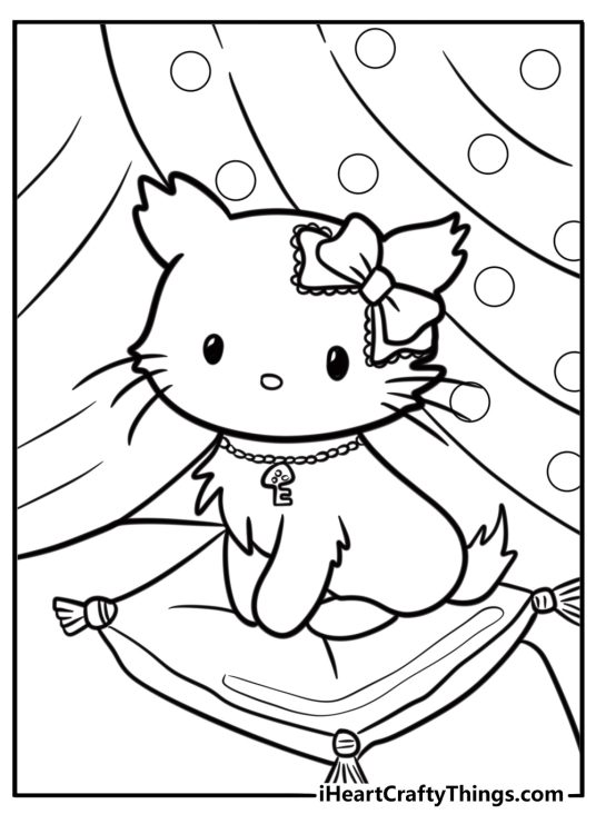 Sanrio charmmy kitty sitting on a pillow detailed coloring sheet