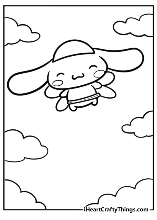 Sanrio cinnamoroll flying in the clouds detailed coloring sheet