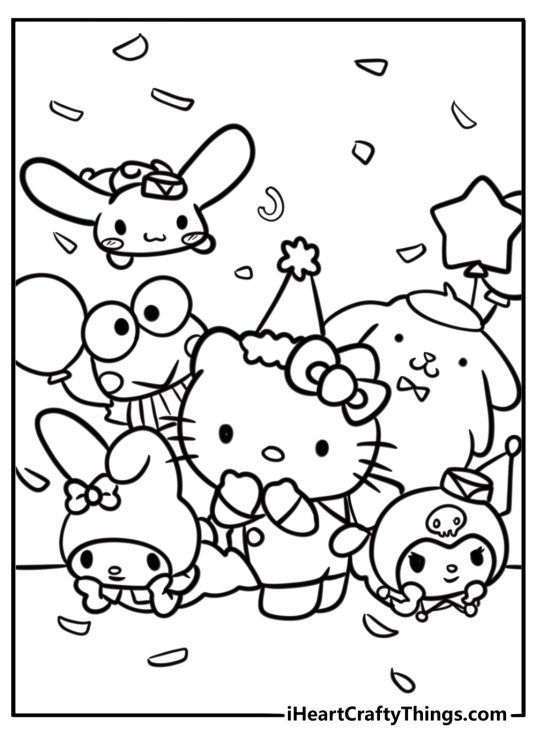 Sanrio hello kitty and friends celebrating a party detailed coloring sheet