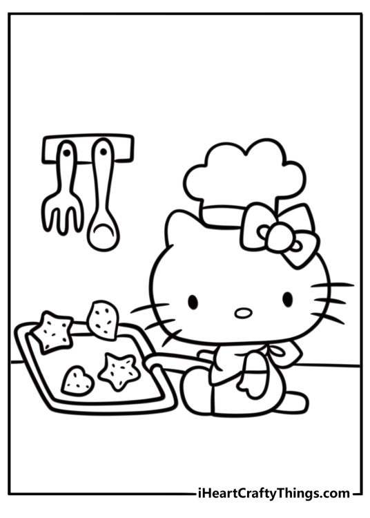 Sanrio hello kitty baking in the kitchen coloring page for kids