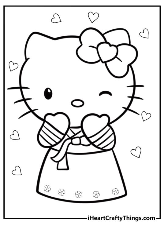 Sanrio hello kitty smiling with a bow coloring page for kids