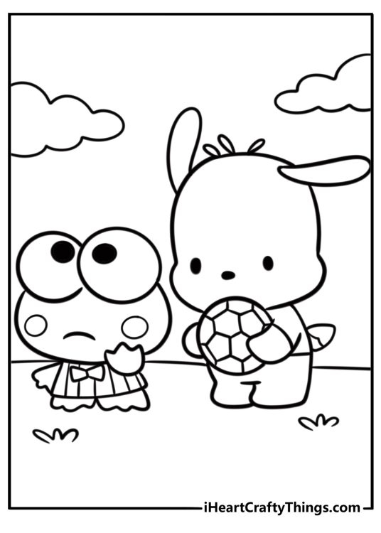 Sanrio keroppi and friends playing together fun printable coloring sheet