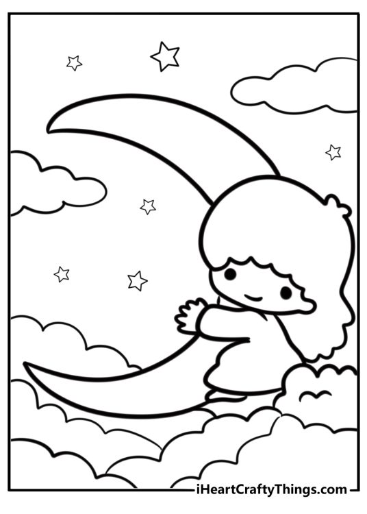 Sanrio lala from little twin stars holding a moon fun coloring sheet