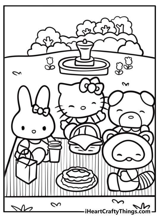 Sanrio land characters having a picnic free printable coloring page