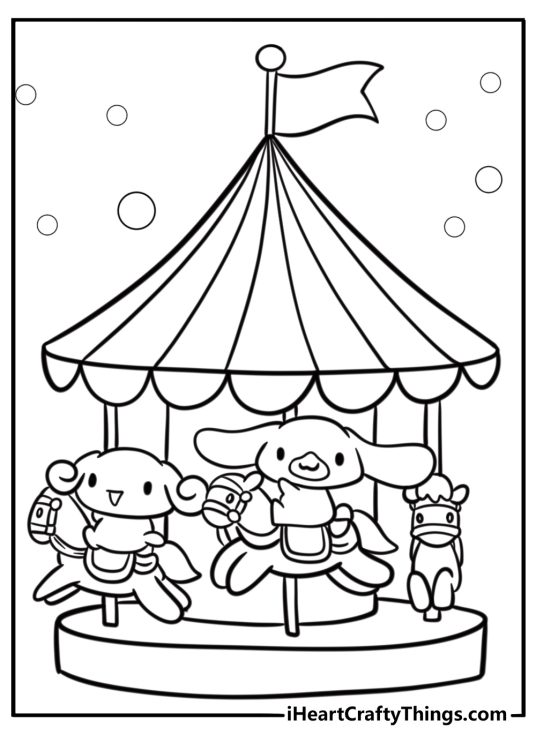 Sanrio land characters on a merry go round coloring page