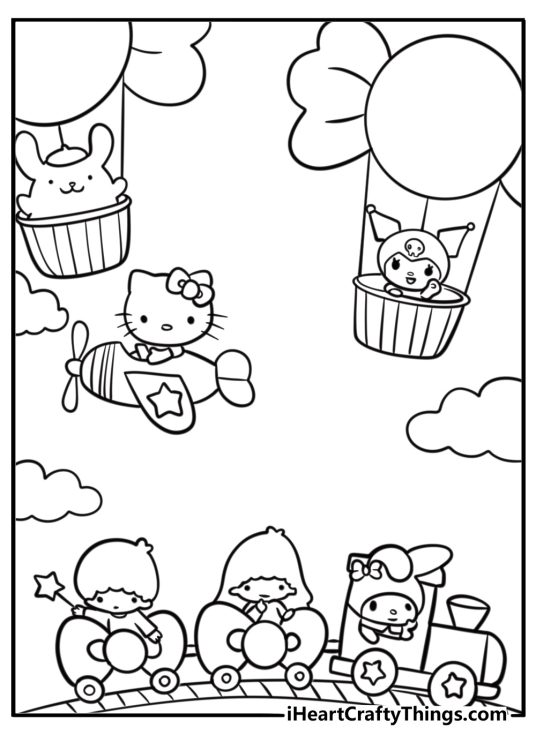 Sanrio land theme park with all characters detailed coloring sheet