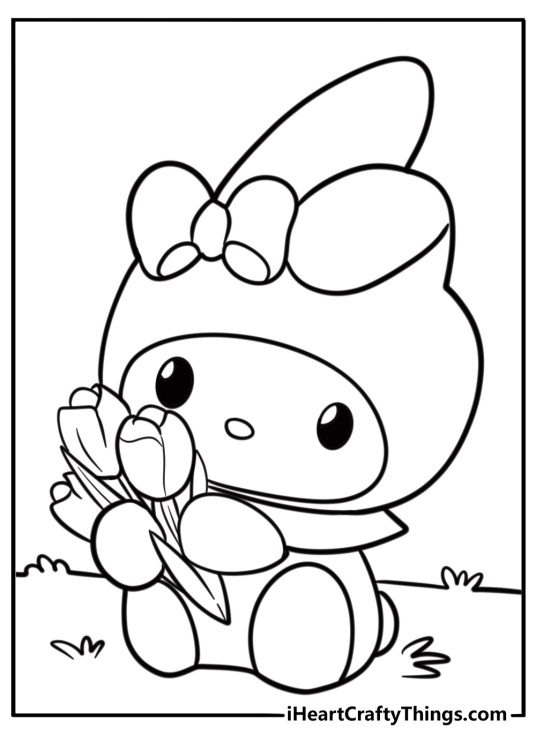 Sanrio my melody holding a flower detailed coloring sheet