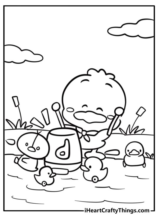 Sanrio pekkle the duck smiling by the pond printable coloring page