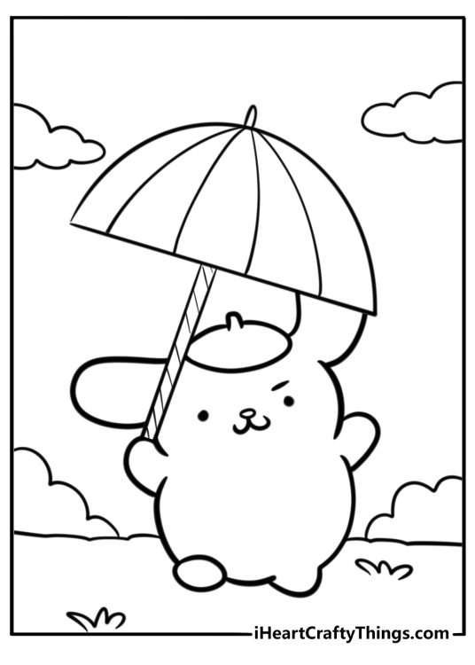 Sanrio pompompurin holding an umbrella free printable coloring page