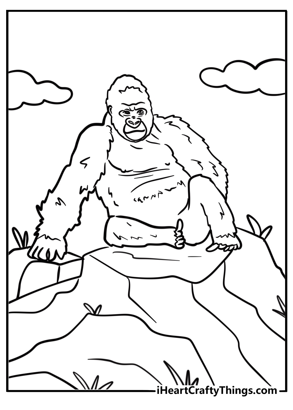 Silverback gorilla sitting on a hill detailed coloring page