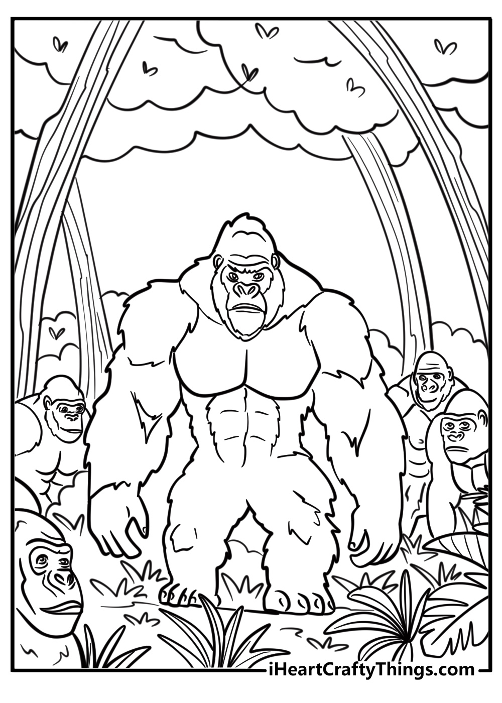 Silverback gorilla watching over the group coloring page