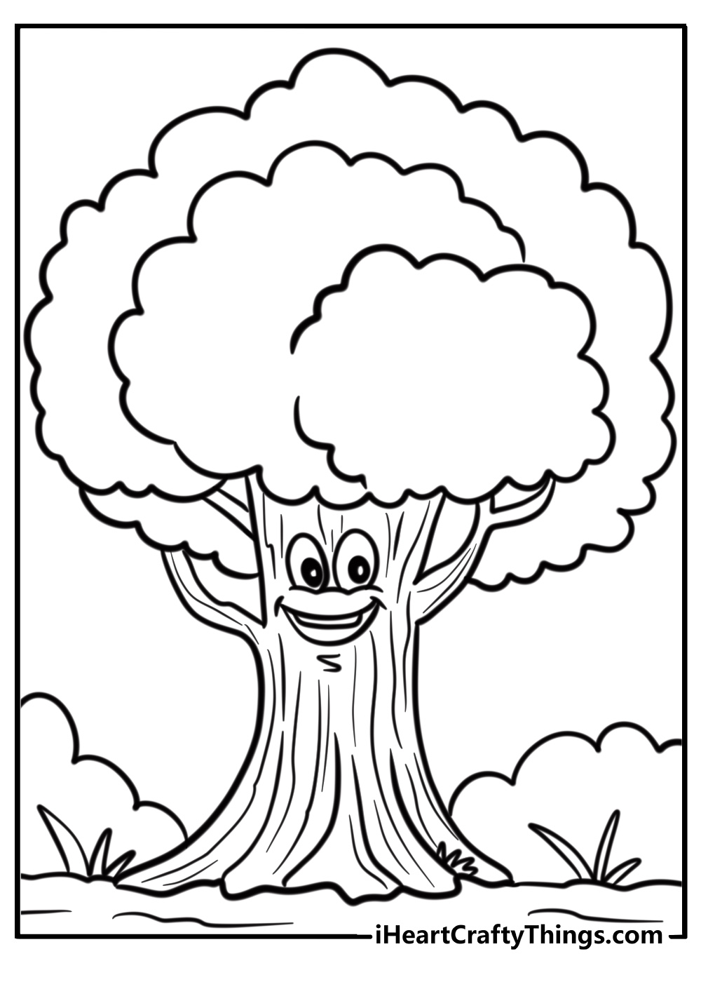 Simple cartoon tree with smiling face coloring page