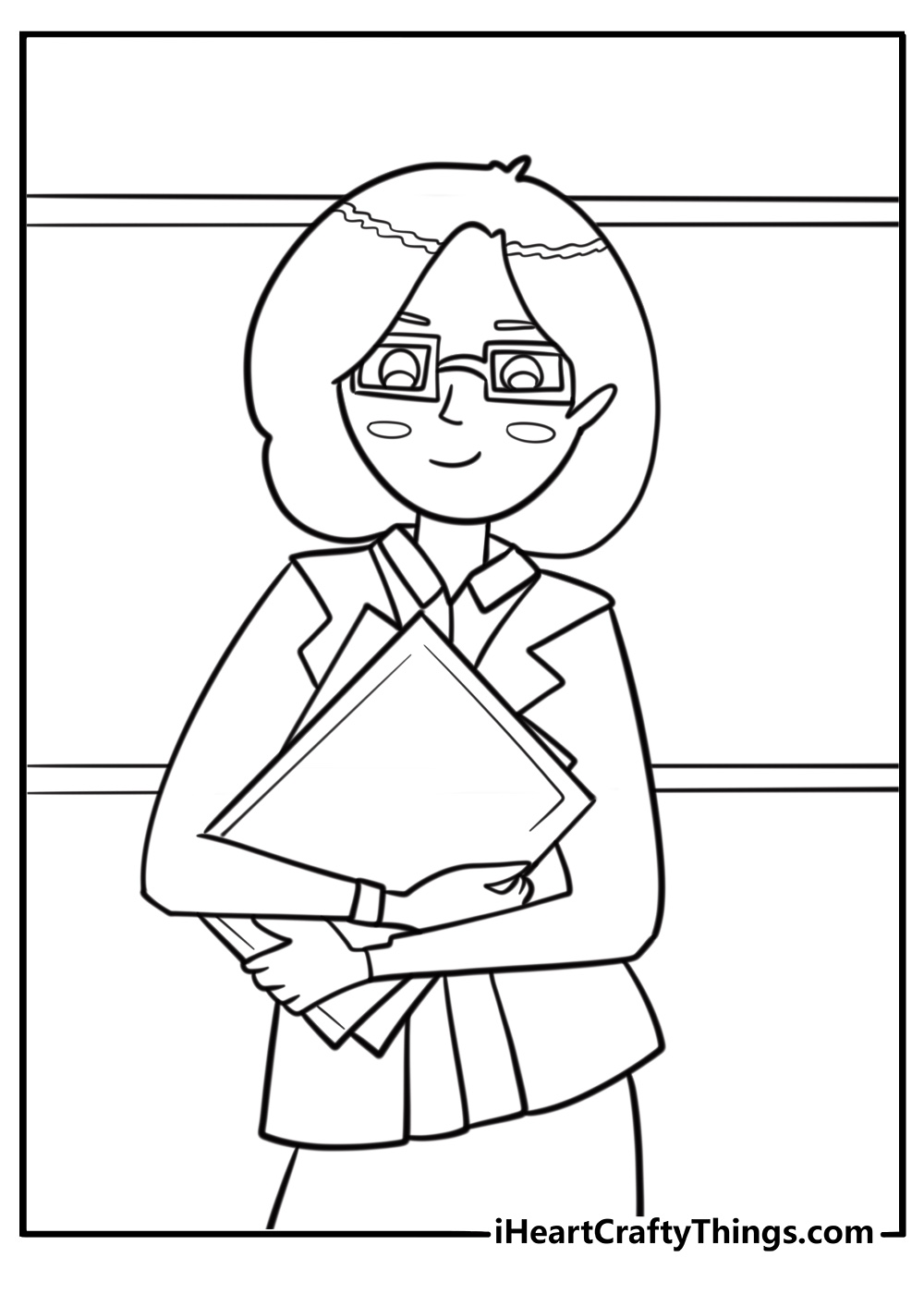 Smiling teacher holding a notebook free coloring page pdf