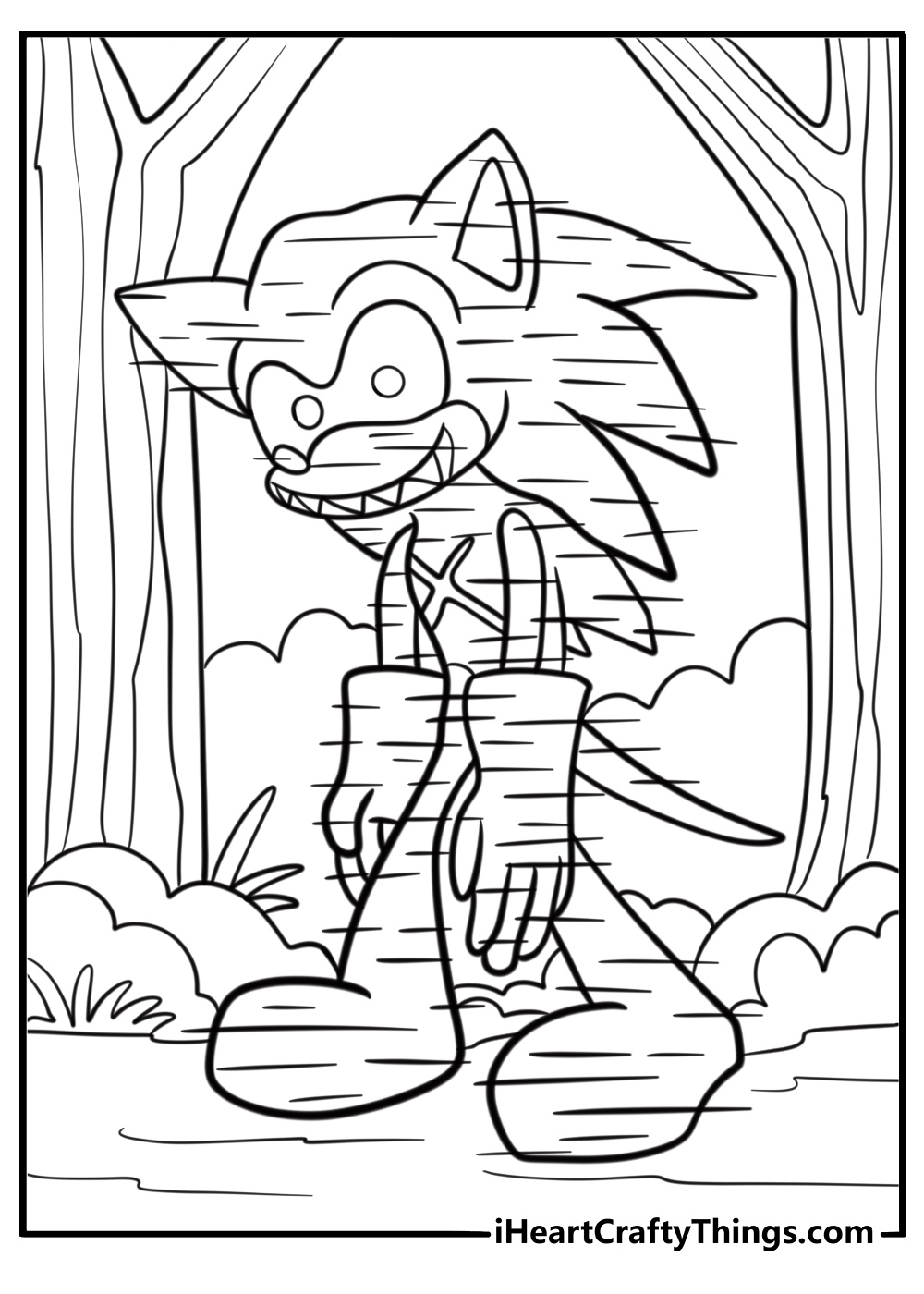 Sonic exe appearing from shadows in a forest coloring page