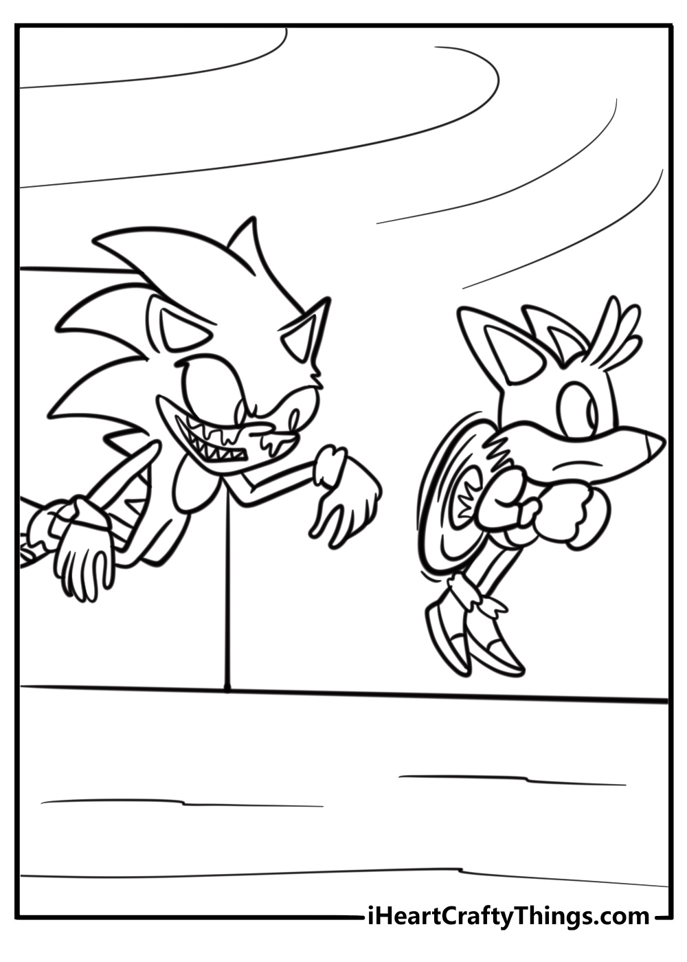 Sonic-exe chasing tails in a dark scene detailed coloring sheet