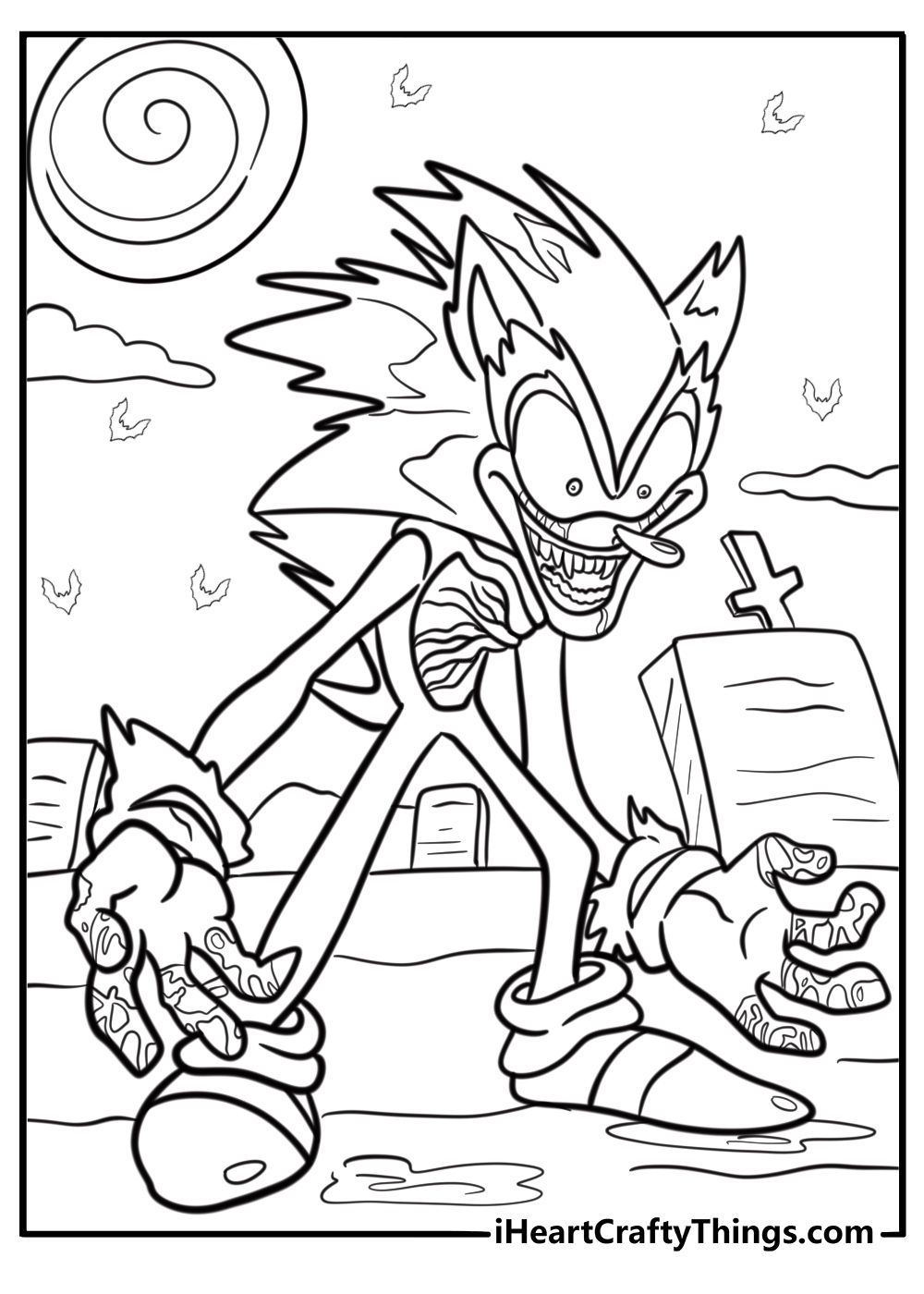 Sonic exe standing in a haunted landscape detailed coloring sheet