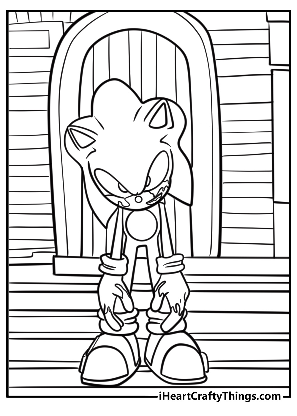 Sonic exe standing in front of a haunted house free coloring page pdf