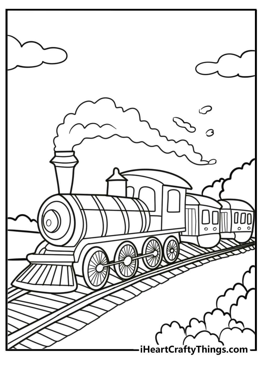 Steam train on the tracks coloring page for kids