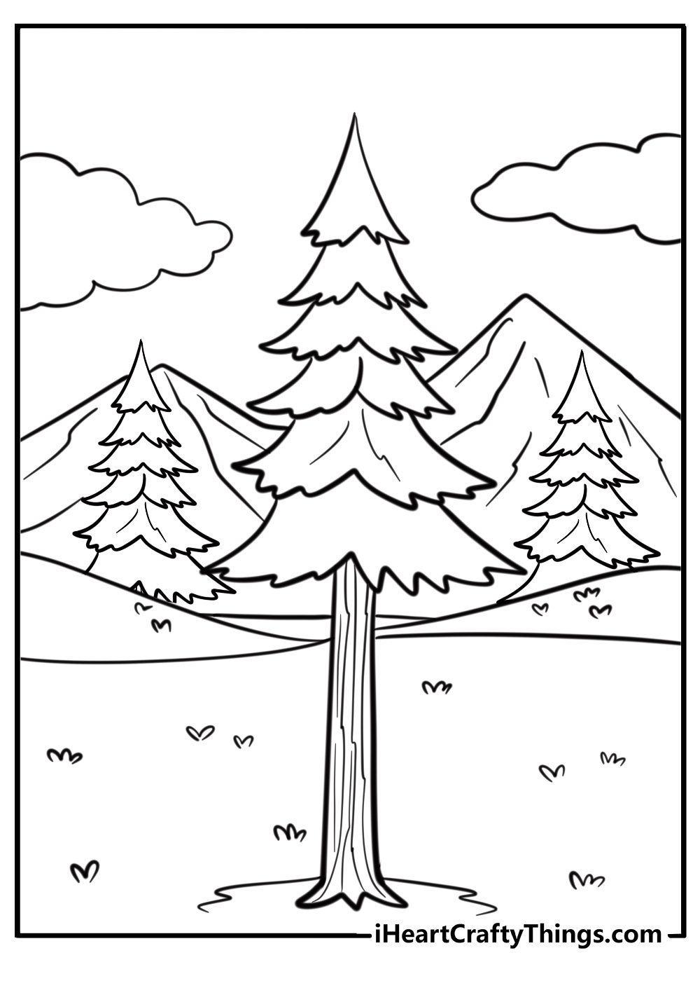 Tall pine tree in a mountain landscape coloring page