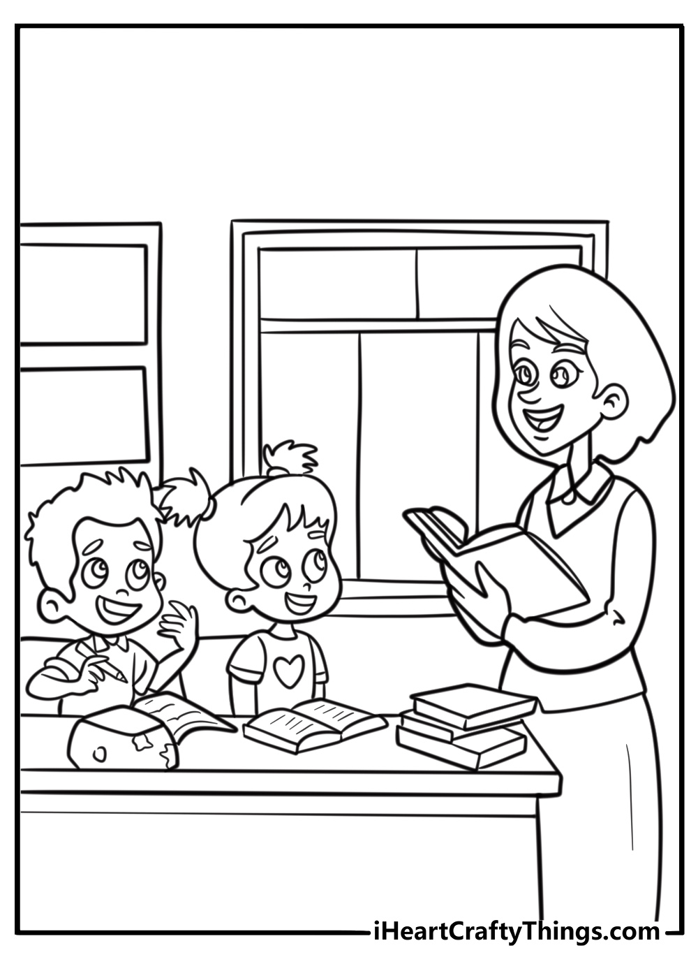 teacher and students in a classroom fun coloring sheet