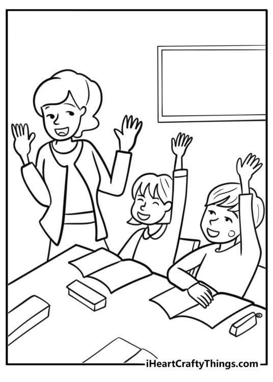 Teacher and students raising hands in detailed coloring sheet