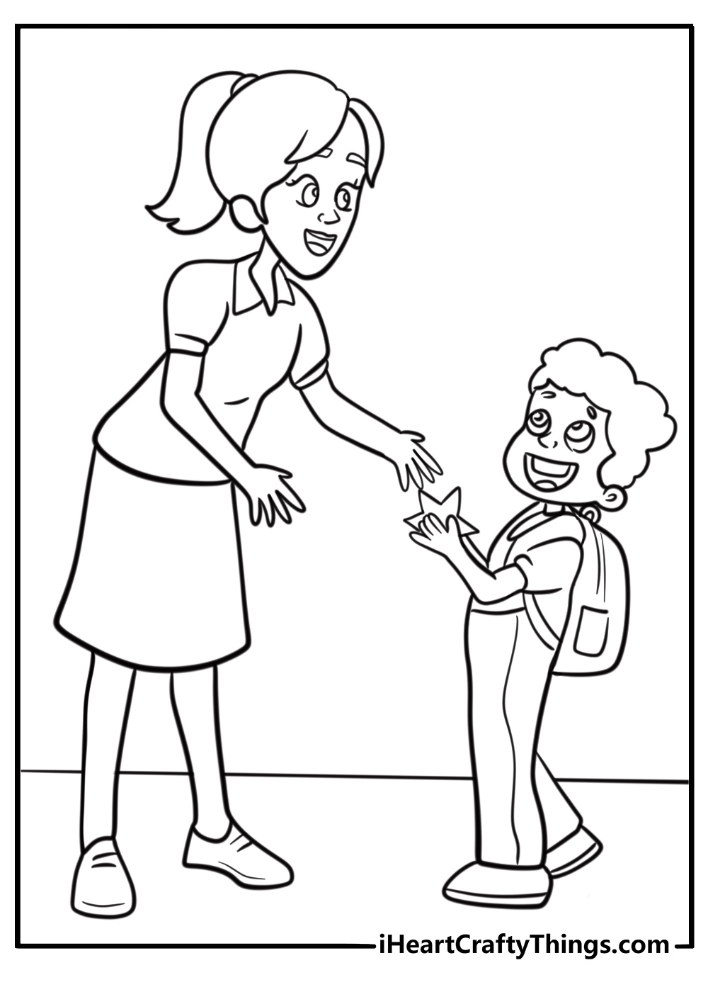 Teacher giving a gold star to a student fun coloring sheet