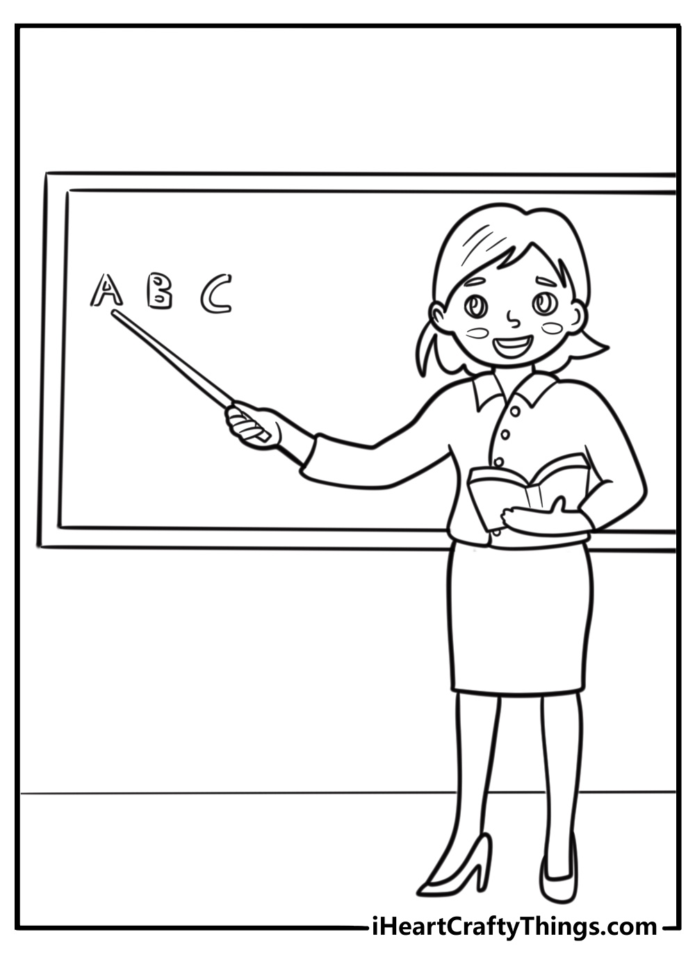 Teacher giving a lesson with a pointer coloring page for kids