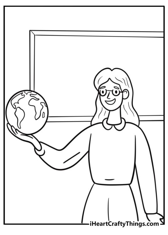 Teacher holding a globe fun printable coloring sheet