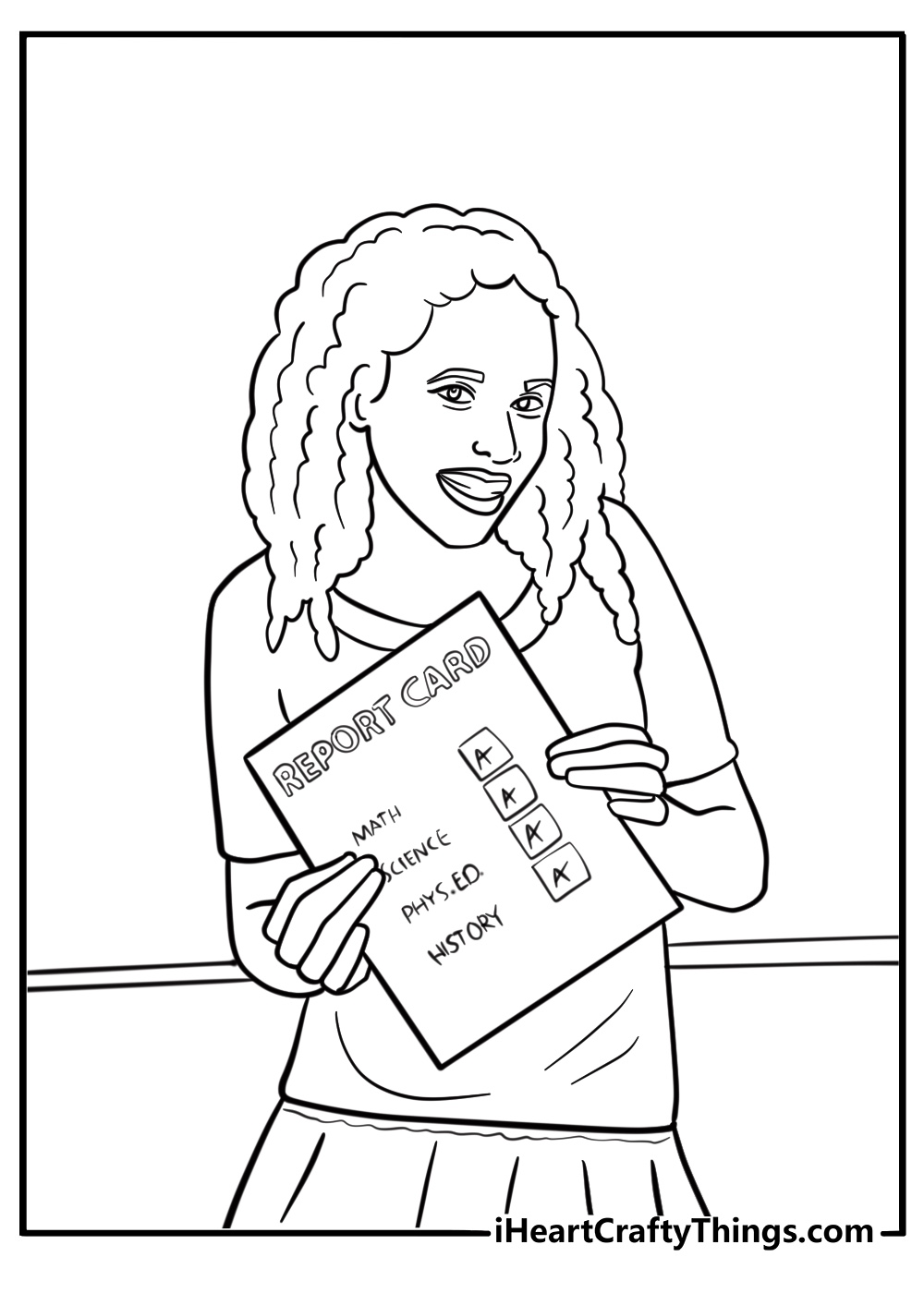 Teacher holding a report card fun coloring sheet