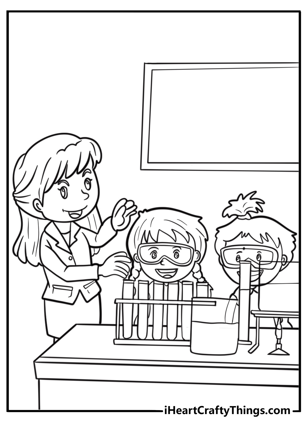 Teacher leading a science experiment printable coloring page