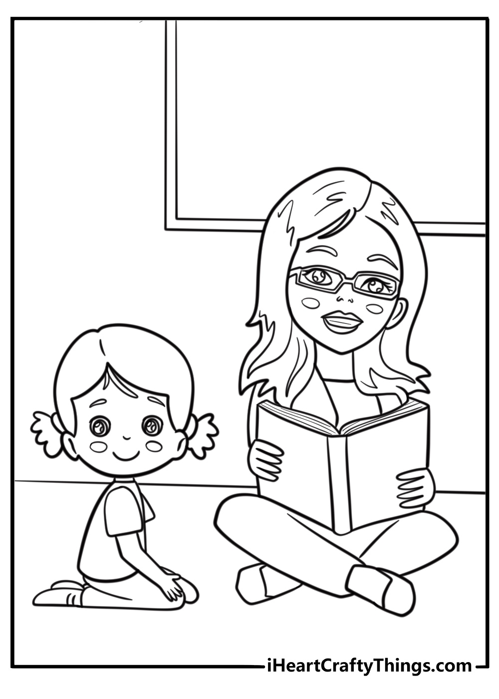 Teacher reading a book to students detailed coloring sheet