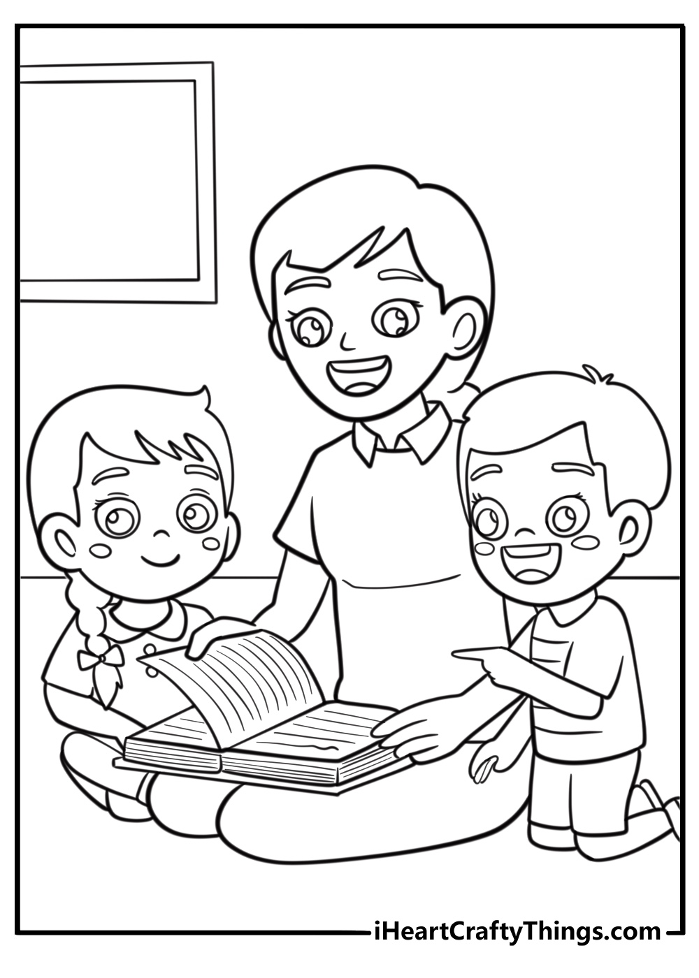 Teacher reading a story to young children detailed coloring sheet