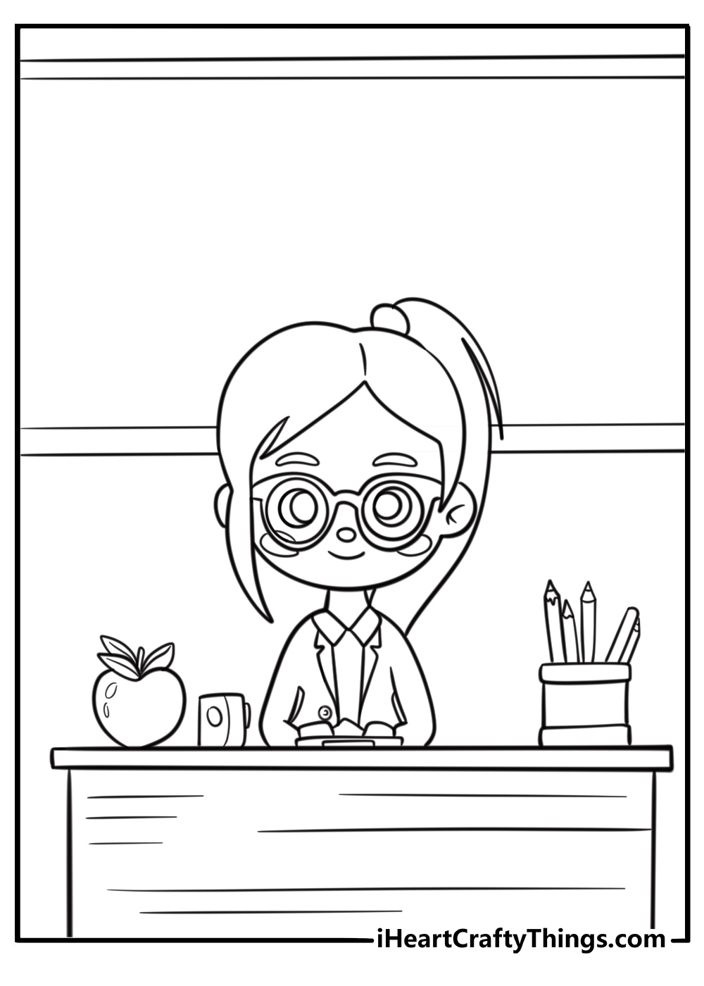 Teacher sitting at a desk with an apple detailed coloring sheet