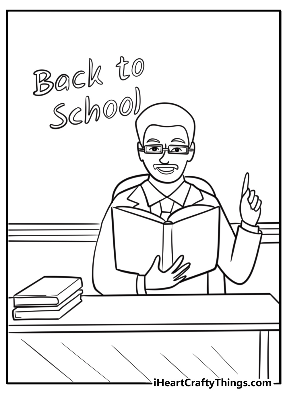 Teacher sitting at a desk with books coloring page