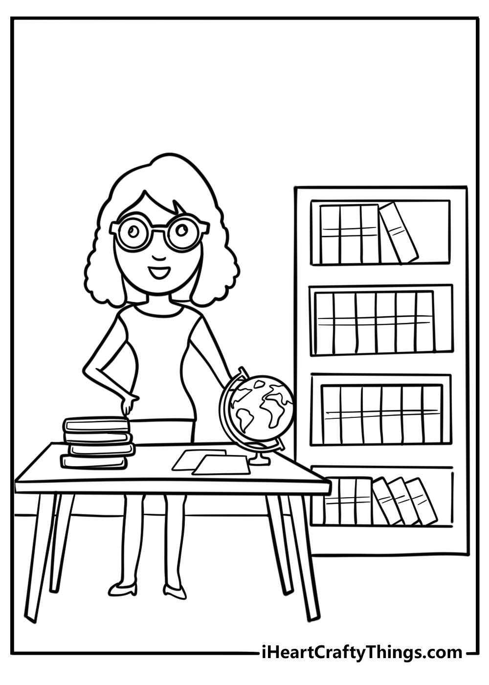 Teacher standing by a bookshelf free printable coloring page