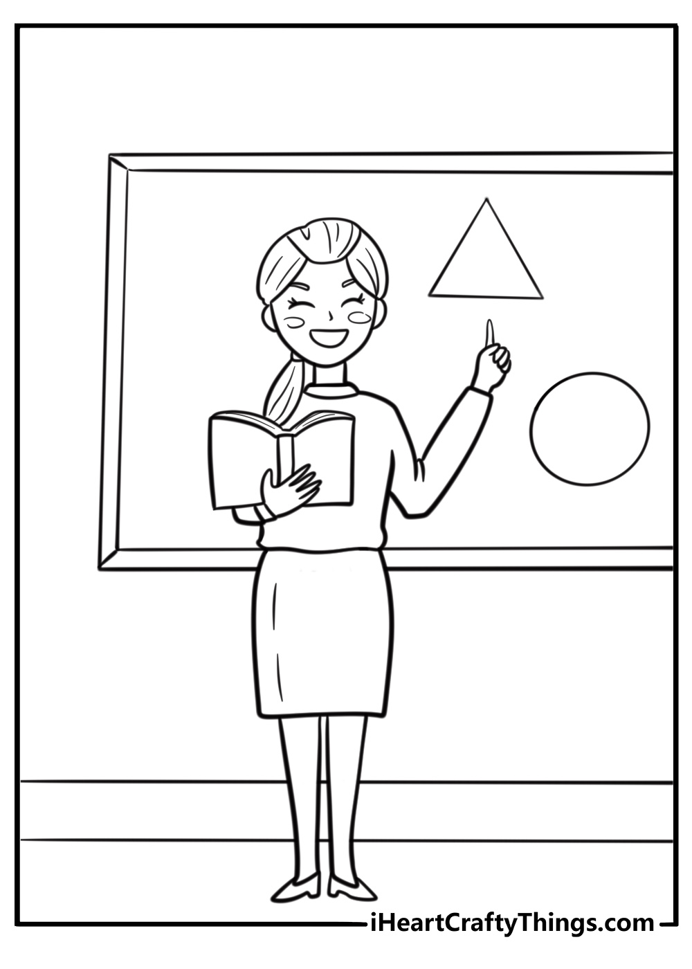 Teacher standing in front of a chalkboard coloring page for kids