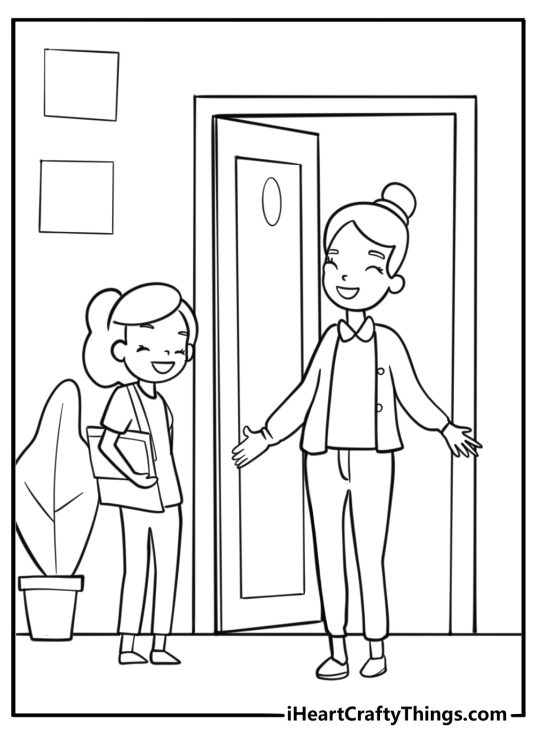 Teacher welcoming student to free coloring page pdf